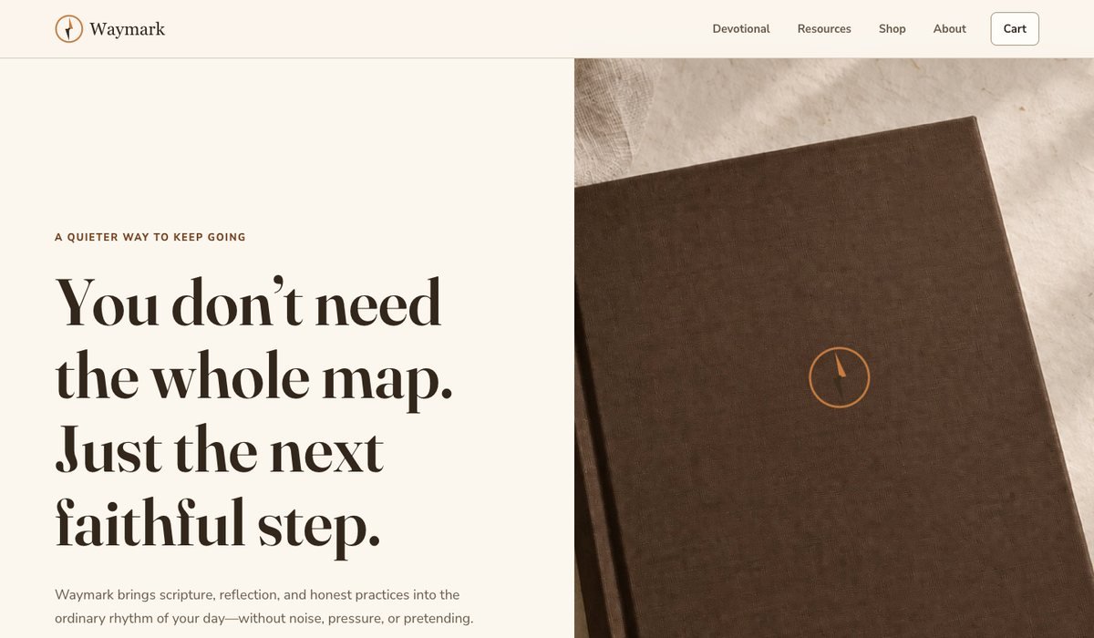 Waymark homepage with a leather journal and the headline Just the next faithful step